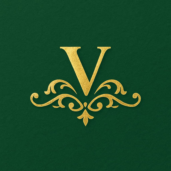 Gold 'V' monogram on a green textured background