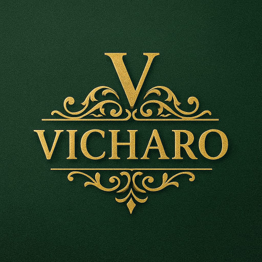 Gold 'Vicharo' logo on a green background